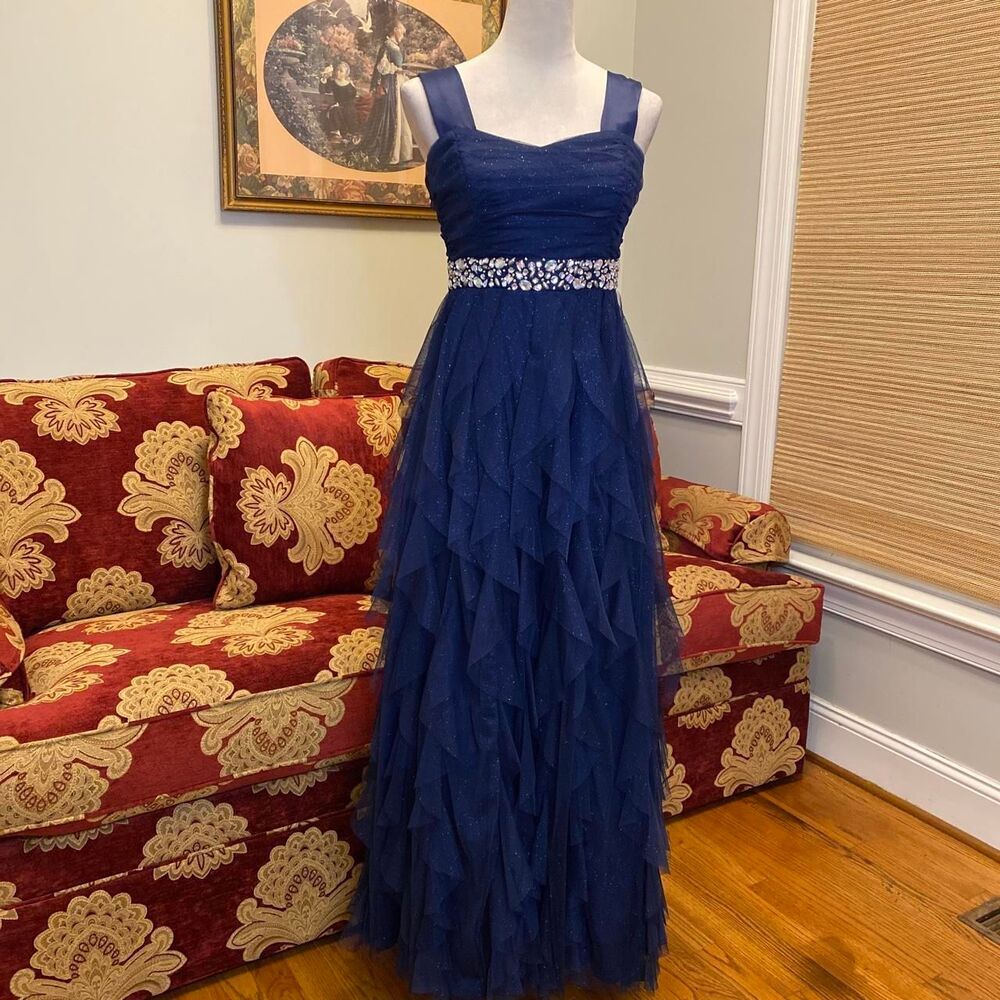 y2k navy/dark blue glittery tool prom ball gown with rhinestone details